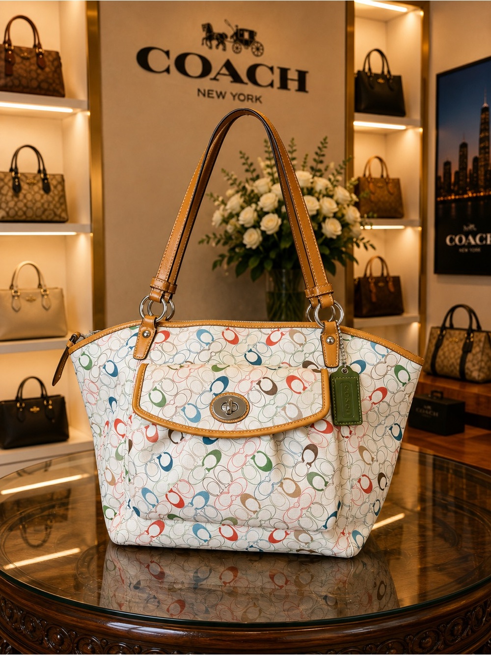 Coach Multicolor Signature 'C' Tote with Tan Leather Trim